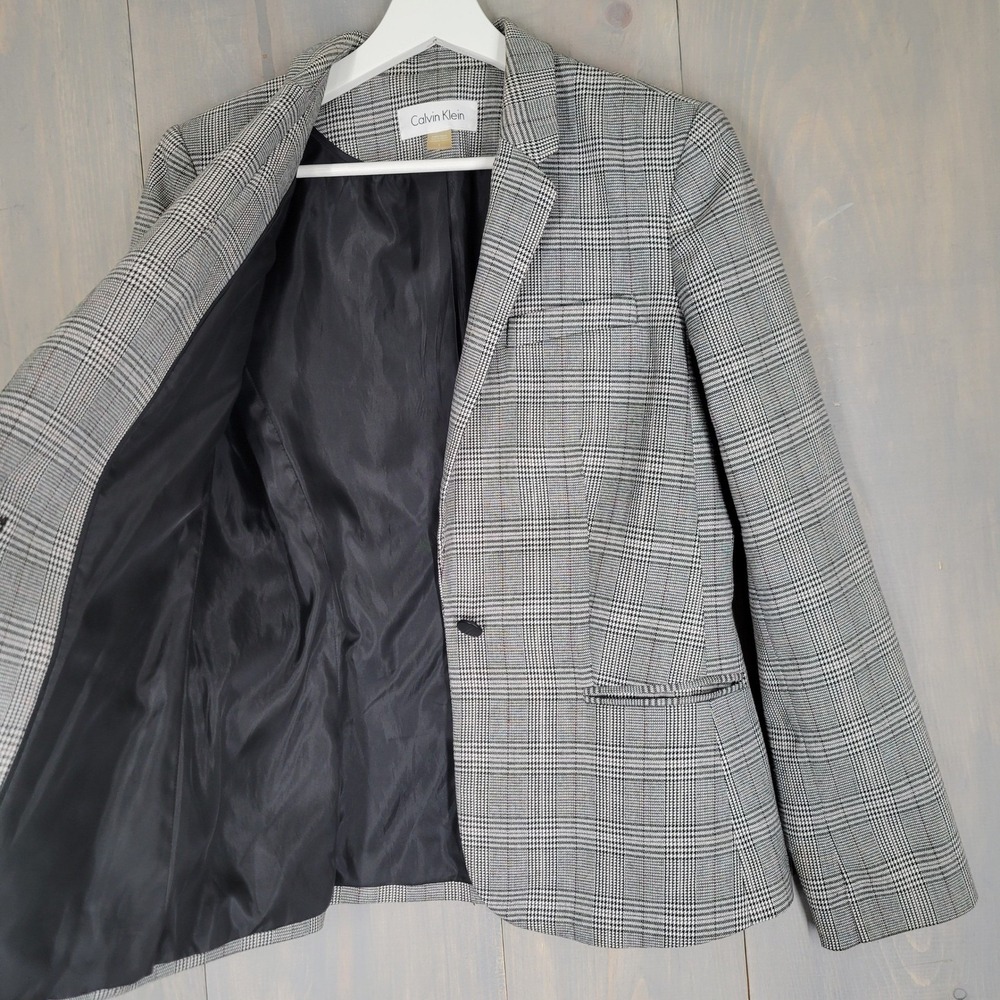 Calvin Klein Blazer Women 4 Grey Glen Plaid Single Button Tailored Jacket - Picture 4 of 9